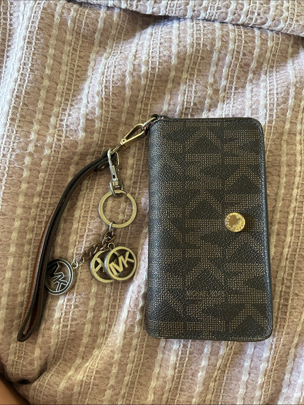 Michael Kors Brown Logo Wristlet Phone Clutch with Gold Accents